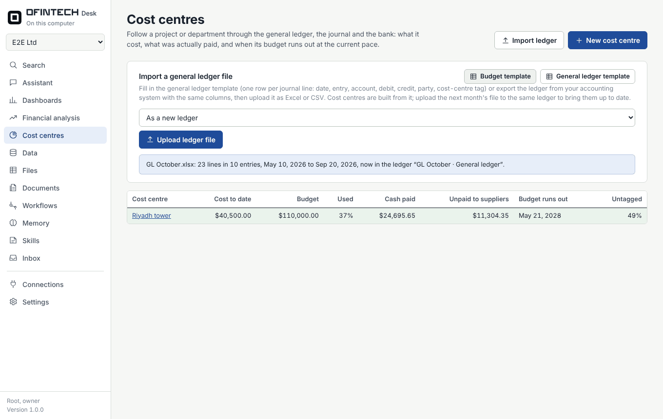 The Cost centres page with the Import a general ledger file panel: template downloads, a ledger to replace, the upload button, and the result of an upload: 23 lines in 10 entries