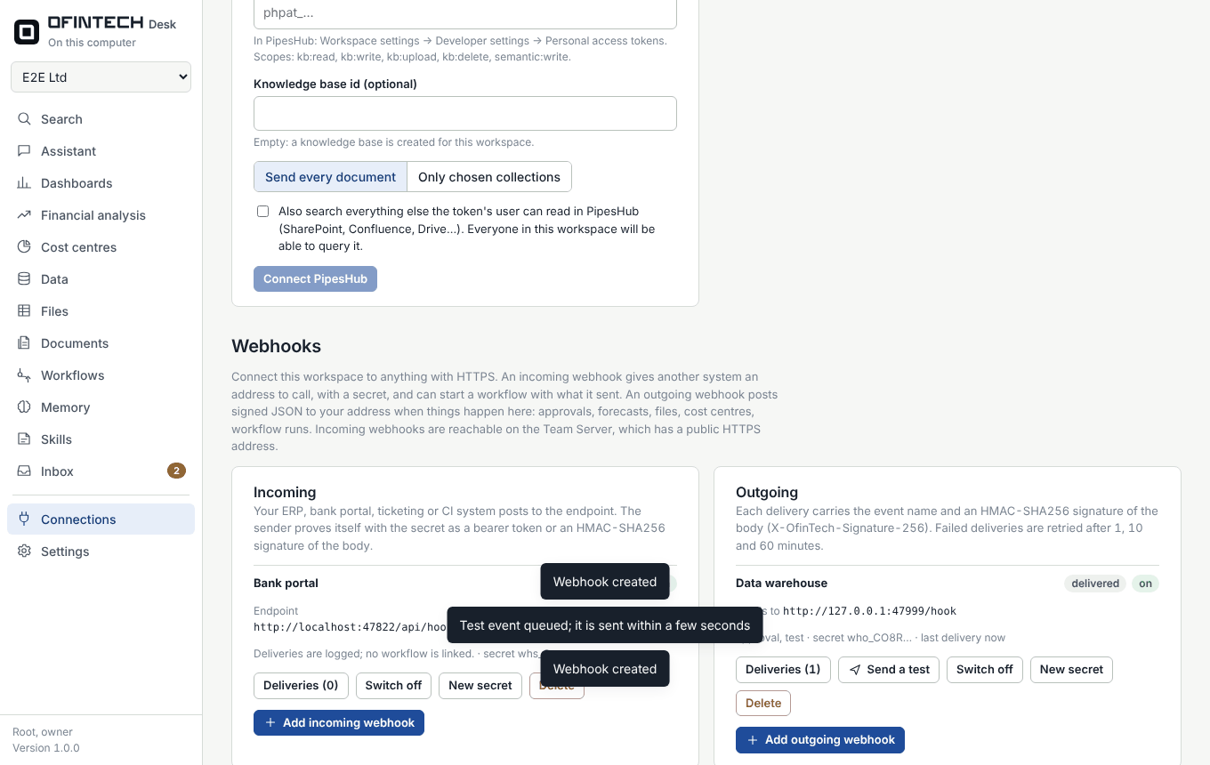 The Webhooks section of the Connections page: an incoming webhook named Bank portal with its endpoint, and an outgoing webhook named Data warehouse whose test event was delivered